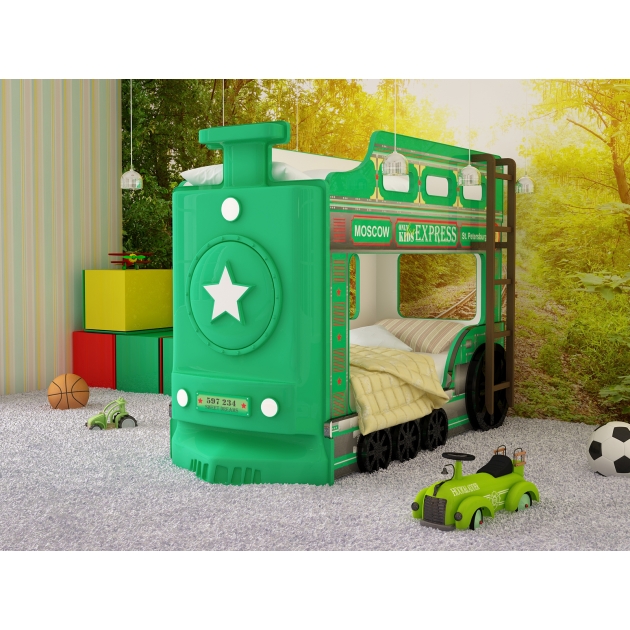 Двухъярусная кровать машина Паровоз мини зеленый